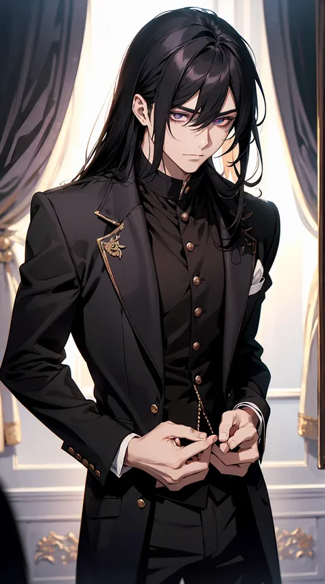 he has long black hair with slightly angled bangs. his eyes are a deep purple, exuding a calm and mysterious expression. he is w...