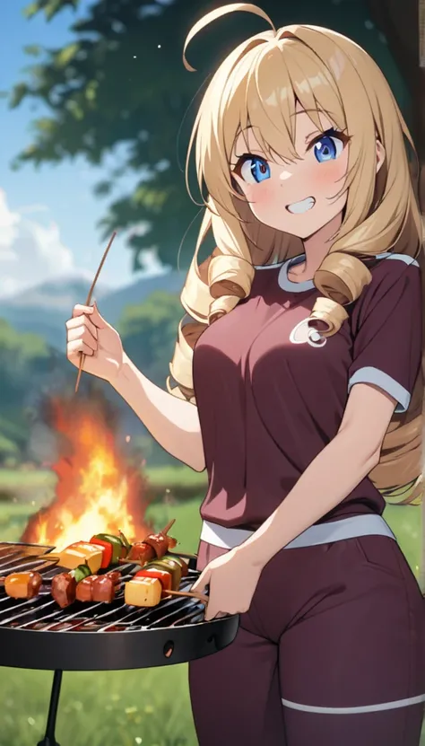 woman、blonde、Long Hair、Drill Hair、Ahoge、blue eyes、Tree Eyes、detailed、Grin、Maroon Sportswear、Maroon Sportswearのズボン、Have one barbecue skewer、Bonfire、、Grassland Background、anime、oil、Best Quality、masterpiece、detailedな描写、Speedy Shot, cute,  Best Hand