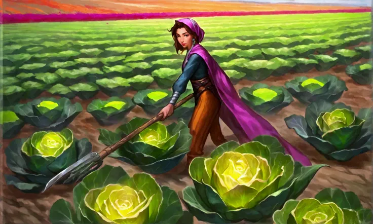 A woman tends her crop (yuna, dressed sensibly, farmer, work clothes, hoe) is working her field of cabbages. Ringing her small field ar oak tres whose leaves are turning red and orange in the cooler weatter.
