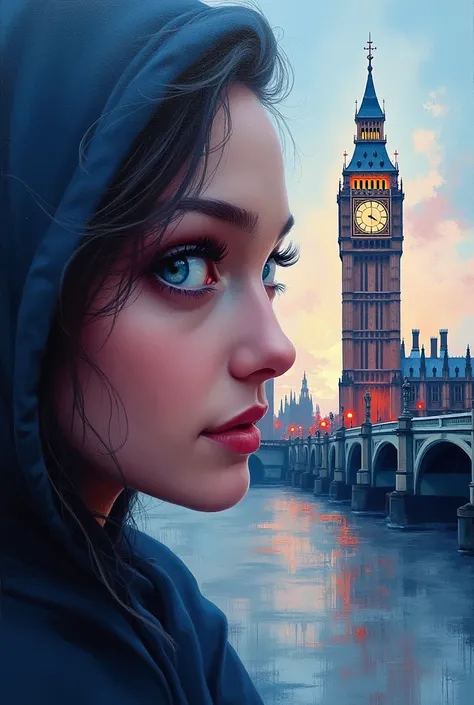 A painting of a woman`s eyes with a Big Ben tower, in the style of michael page, uhd image, blue and red and white, city portraits, split toning, romantic impressionism, high detailed