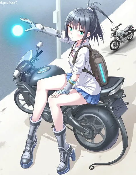 1girl, (ponytail forehead hair pulled back:1.3), (black hair:1.3), solo, looking at viewer, short hair, skirt, brown hair, ass, short sleeves, looking back, bag, from behind, blue skirt, backpack, helmet, ground vehicle, motor vehicle, motorcycle, drone,(p...