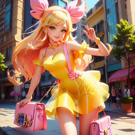 cartoon beautiful girl in yellow transparent dress holding pink handbag, cute cartoon style, cute cartoon character, cute detailed digital art, cute digital art, Иллюстрация in cartoon style, cartoon art style, Cute art style, cute 3d render, Charming digi...