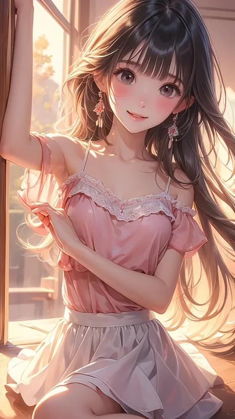 (masterpiece, Best quality:1.2), (high resolution, Abstract:1.1), Ultra Detail, 1 Girl, Cute pose, Camisole, Off-shoulder, Parted lips, Smile, blush，Long hair, 低辫Long hair, 