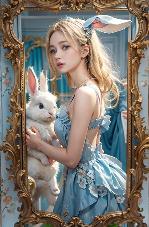 masterpiece: 1.2, Portraiture, Best Quality), Realistic, (live-action, Intricate details, Written boundary depth), Best Quality, masterpieceAttention to detail, semi-Realistic, In town , blue eyes, blonde、 Slim figure、Shoulder Bare、Antique Bunny Girl、mirro...