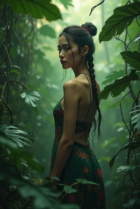 A woman posing outdoors in lush jungle, in the style of soft, hazy brushstrokes, chinapunk, colorful portraits, dark brown and silver, wavy, asian-inspired, soft edges