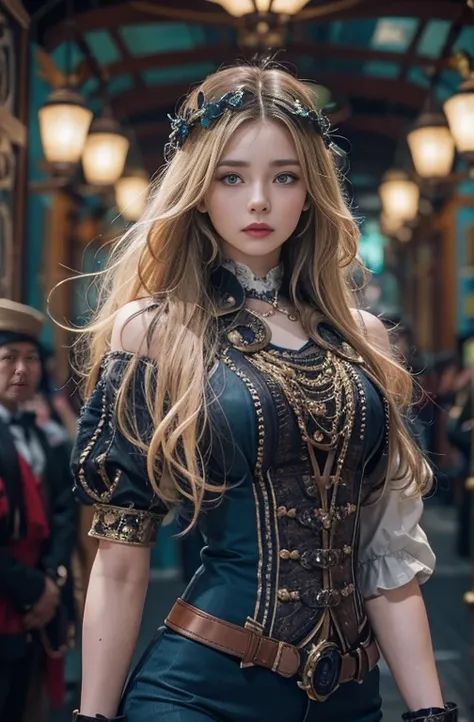 Highly detailed portrait of a beautiful young woman with striking blue eyes, Long blonde hair, Slim figure, He is walking around in a steampunk-style outfit with bare shoulders..., Set in a dark old central station, (Best Quality, 4K, 8k, High resolution, ...