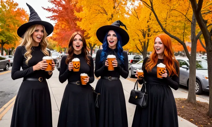 A group of witches (cute but ugly face, white streaks in hair, trailer trash hot body (small beer belly, little butt, saggy to the belly boobs, moderately hot outfits) gather at a crowded Starbucks. The witches are making fun of all the preppy people buyin...