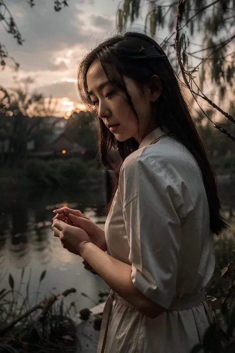 First Crisis：Dusk,Lin Daiyu Under the Weeping Willows,Slender hands gently caress the willow branches,Unexpectedly, a frightening sound of footsteps was heard in the distance.。