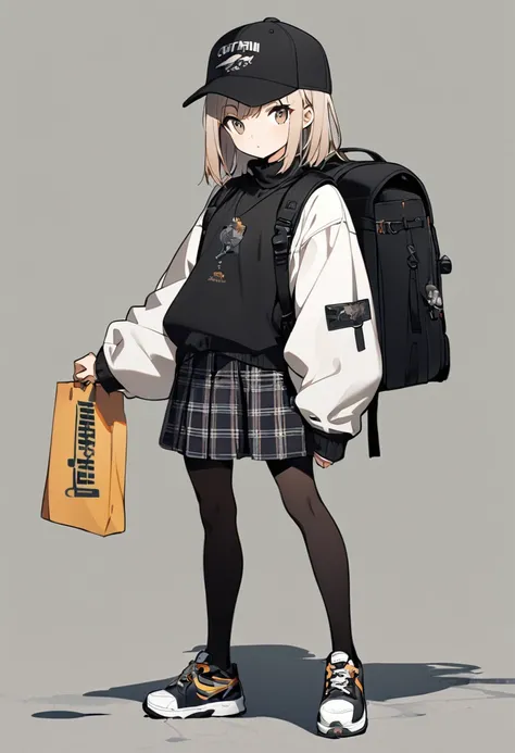 1girl, solo, looking at viewer, skirt, 1boy, hat, holding, standing, full body, male focus, shorts, shoes, bag, black pantyhose, plaid, backpack, baseball cap