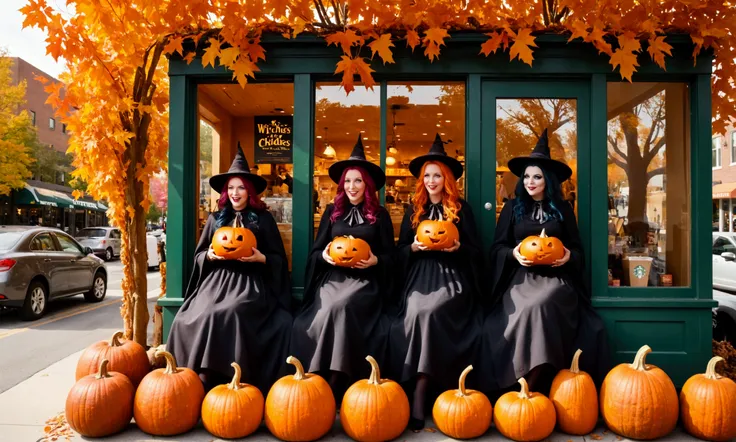 A group of witches (cute but ugly face, white streaks in hair, trailer trash hot body (small beer belly, little butt, saggy to the belly boobs, moderately hot outfits) gather at a crowded Starbucks. The witches are making fun of all the preppy people buyin...