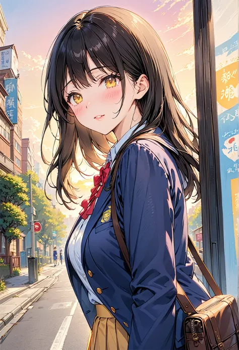 pretty girl、Large Breasts、Schoolgirl uniform、、((blazer、skirt))、Black Hair、Long Hair、Small Butt、超High resolution, Textured skin, High resolution, Masterpiece Anatomically Correct,(((She stares at me with a blushing face and moist eyes.)))、first person view、...