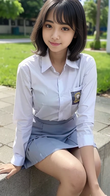 young sweet beautiful school girl, slim body, very georgeus face, , wearing indonesian white and grey uniform, long sleeve shirt...