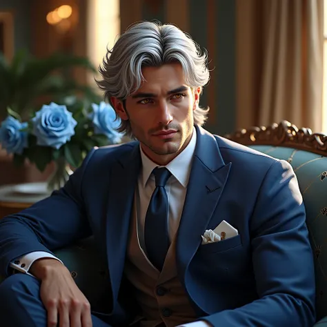 a modern-day resurrected Roman emperor Constantine the Great, silver hair, Greek, muscular, natural bangs, short hair, contemporary, large golden eyes, bright and sharp lion-like gaze, gentle smile, dignity and warmth, 34 years old, wearing a high-end suit...