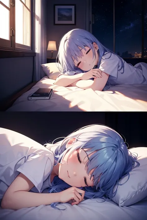 index, index, blue hair, long hair, (flat chest:1.2) ,girl sleeping with both eyes closed，smile，Bedroom， windows，romantic starry sky，A meteor crosses,T-shirt,white,sleeping in bed,night,sleep with your head on the pillow,Sleeping lying on your back in bed,...