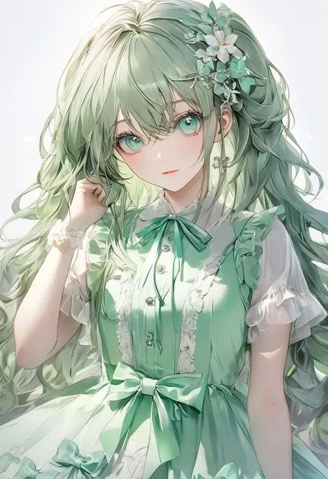 (((absurdres, highres, ultra detailed, HDR, master piece, best quality, extremely detailed, delicated features, noise removal))), 1 woman, Age 16 years, absurdly long hair, twin drills, crossed bangs, sidelocks, beautiful Mint Green hair, clear Mint Green ...