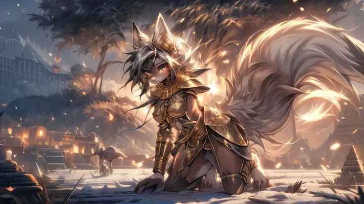 The best quality, Egyptian teen jackal black girl body, Egyptian clothing , fox face elongated snout add-Detail, surprised face,  jackal warrior in the snow add_Detail:1, add barefoot_Detail:1 mystical aura, On my knees in the snow, pyramids in the backgro...