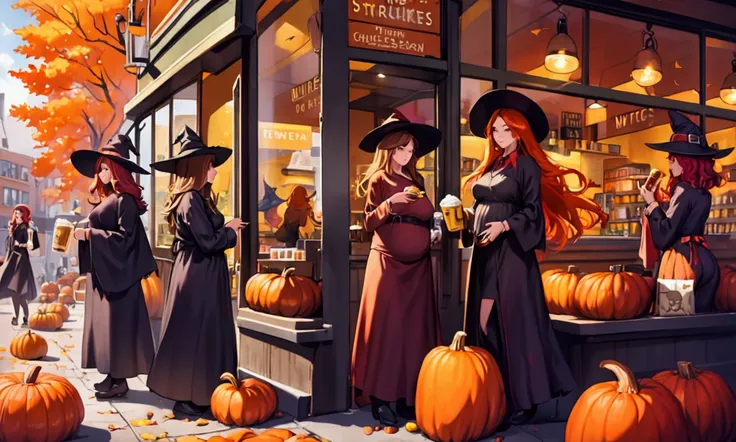 A group of witches (cute but ugly face, white streaks in hair, trailer trash hot body (small beer belly, little butt, saggy to the belly boobs, moderately hot outfits) gather at a crowded Starbucks. The witches are making fun of all the preppy people buyin...