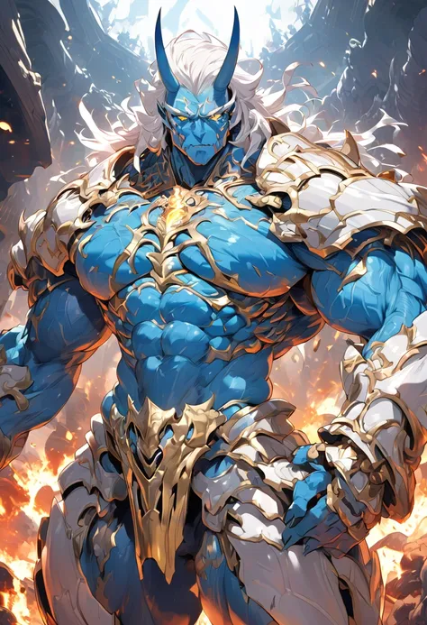 Appearance: Akurin is a creature with the muscular, sculpted body of a titan, combined with the blue skin and white hair of an oni. His eyes are yellow and glowing, reflecting his fury and desire for destruction. He wears a set of heavy armor that appears ...