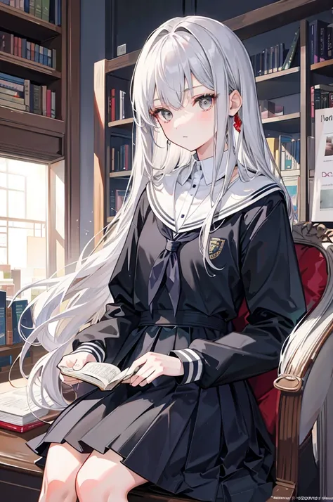 Height: 152cm,18 years old,Silver semi-long straight hair,Gray Eyes,beautiful girl,whole body,School Uniform,Reading a book in the library,Anatomically correct,Attention to detail,Super detailed,Ultra-high resolution,Textured Skin