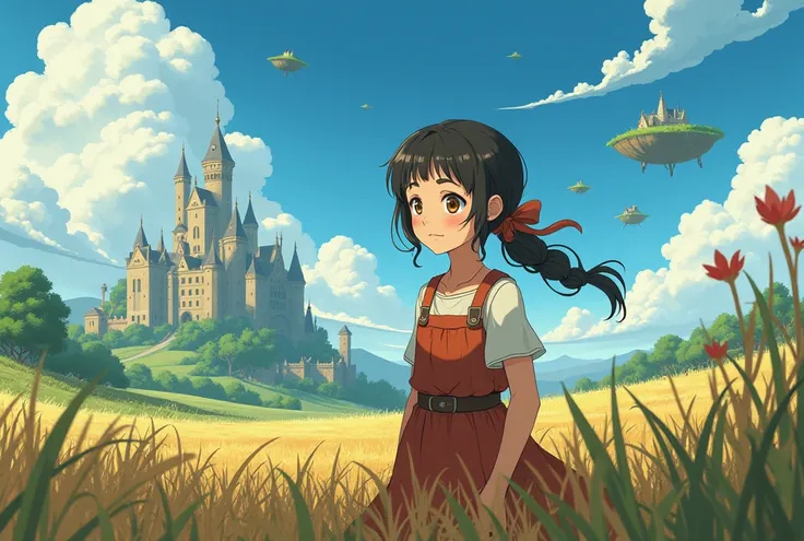 shes just a simple girl working on a farm. she lives in hard times., its the dark ages. , crazy world, floating islands, cloud castle, (best quality:1.3), (highres:1), (detailed:1.3), (incredible:1.3), (perfect:1.3), (perfection:1.3), (volume cover art:0),...