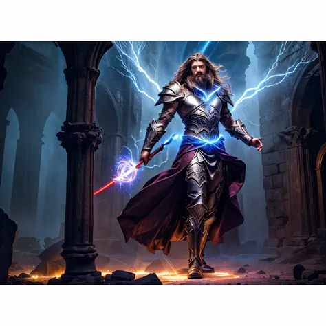 Merlin the wizard, standing in a mystical setting. He is a powerful figure, with a long white beard and flowing hair. He is clad in a dark, leather-like armor and a flowing red robe. He holds a staff that is glowing with blue energy, and there are bolts of...