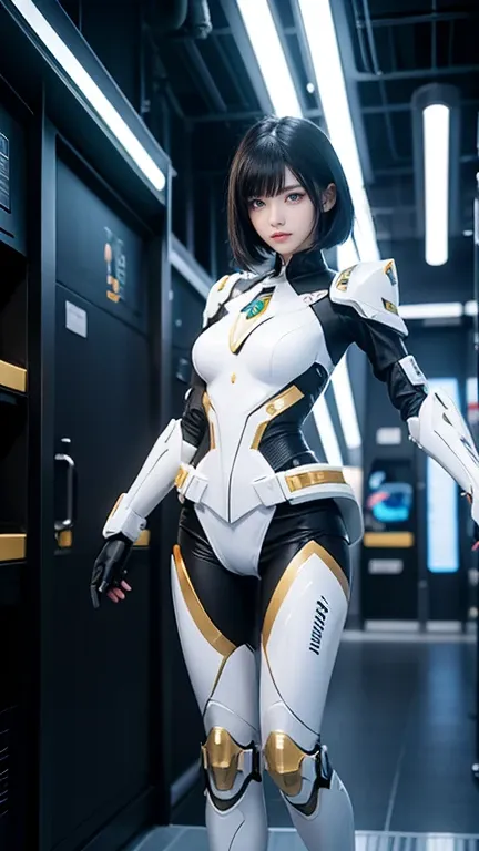 anime style female cyborg character, sleek white and black robotic body with gold accents, short black hair, blue eyes, confiden...