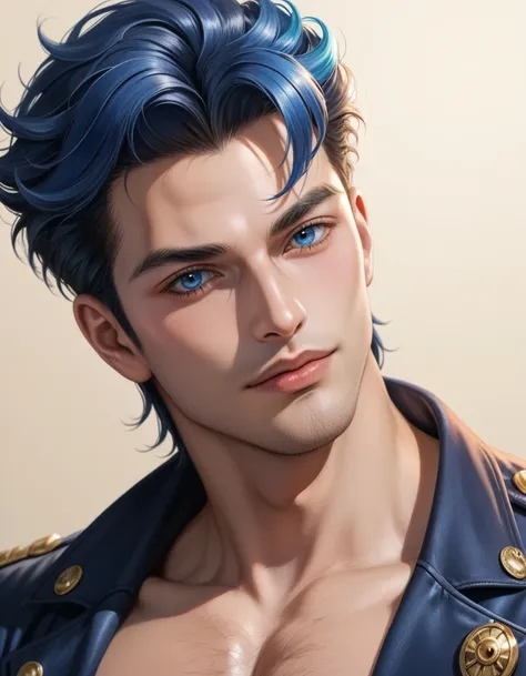 jotaro kujo, highly detailed portrait, face, looking at viewer, blue highlights, watercolor, manga, noble young man, jojo's biza...