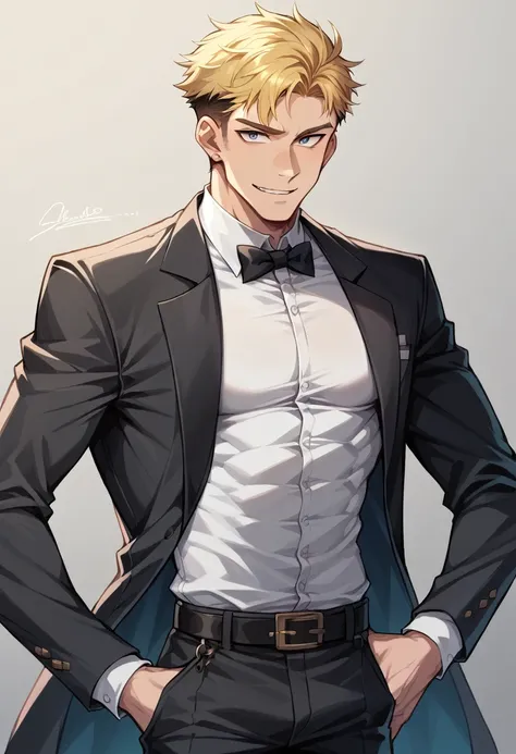 1 male  with neat, short blonde hair, styled in a clean, polished manner. He has fair skin and wears a fitted black suit, paired with a crisp white shirt and black tie, giving him a formal yet sleek appearance. His expression is composed, with a slight pla...