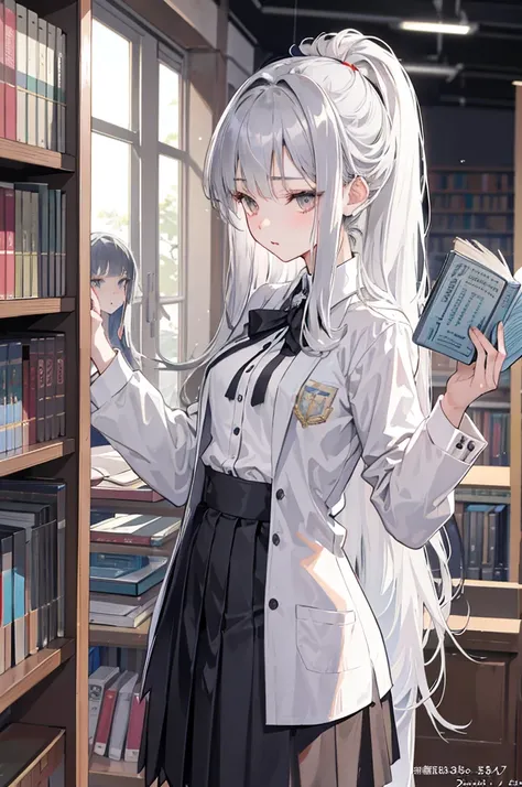 nsfw,Height: 152cm,18 years old,Silver semi-long straight hair,Gray Eyes,beautiful girl,whole body,Unbuttoned school uniform,Reading a book in the library,Anatomically correct,Attention to detail,Super detailed,Ultra-high resolution,Textured Skin