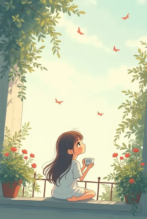 illustration, girl sitting on the balcony drinking tea and looking at the sky 