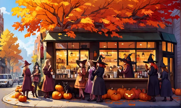 A group of witches (cute but ugly face, white streaks in hair, trailer trash hot body (small beer belly, little butt, saggy to the belly boobs, moderately hot outfits) gather at a crowded Starbucks. The witches are making fun of all the preppy people buyin...