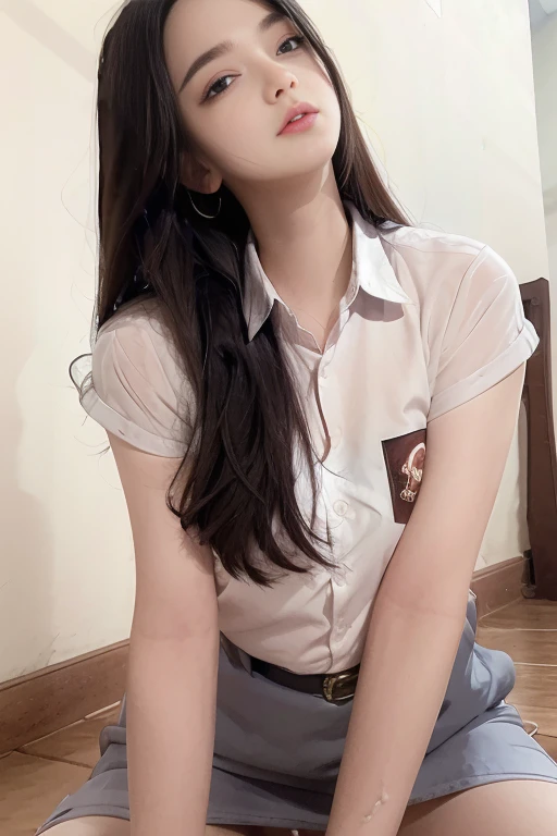 side pose:1.2, thai university uniform:1.4,Close ~ eyes:1.2,Open your mouth:1.2,Tired face:1.2,Face of Suffering:1.2,sky face:1.2,sleeping face:1.2, Indonesia high School uniform white short-sleeve button up shirt:1.2, black tight mini skirt:1.2, brown sue...