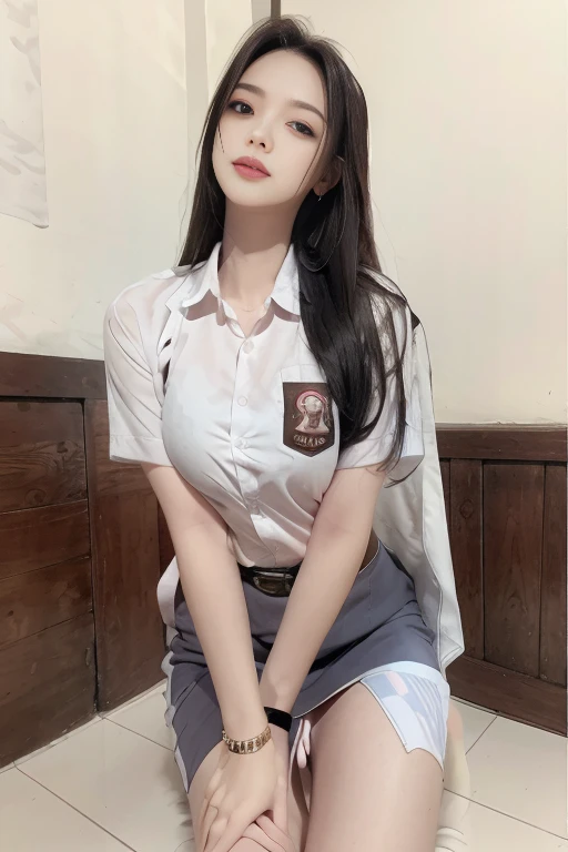 side pose:1.2, thai university uniform:1.4,Close ~ eyes:1.2,Open your mouth:1.2,Tired face:1.2,Face of Suffering:1.2,sky face:1.2,sleeping face:1.2, Indonesia high School uniform white short-sleeve button up shirt:1.2, black tight mini skirt:1.2, brown sue...