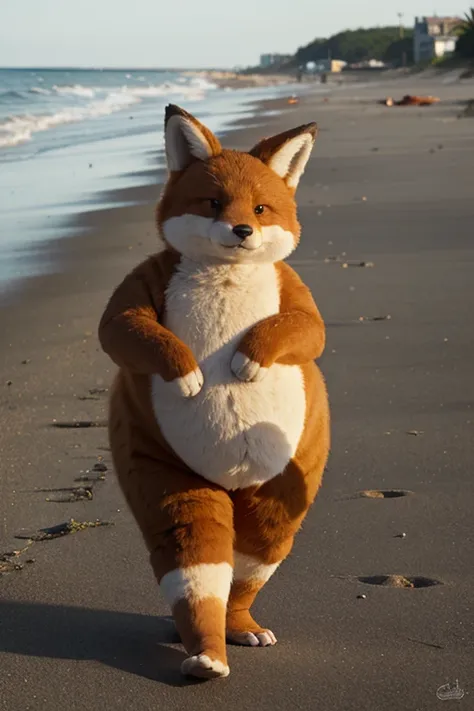 fat furry fox at beach