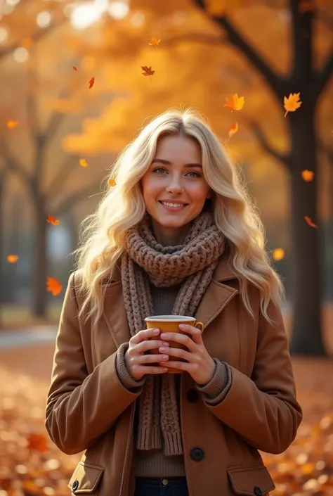 a blonde woman is wearing an autumn jacket and a brown scar wrapped around her neck, brown leaves are falling around during autumn season, the woman is smiling while carrying a cup of coffee, afternoon sun with autumn trees with their brown leaves, 