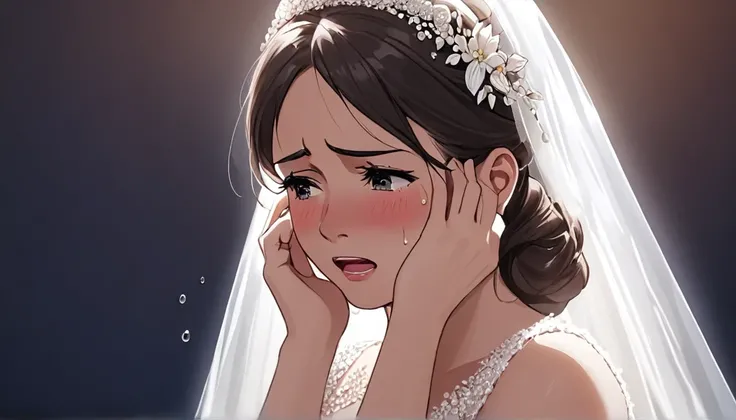 Beautiful Bride crying and talking on mobile phone alone
