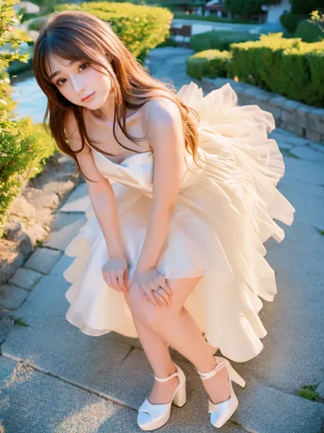 1girl, absurdres, masterpiece, highly detailed, best quality, mikuru1, asahina mikuru, solo focus, beautiful detailed eyes, light makeup, glossy lips, lips parted, blush, wedding dress, high heels, standing, perfect body, best quality, 32k, photograph, ful...