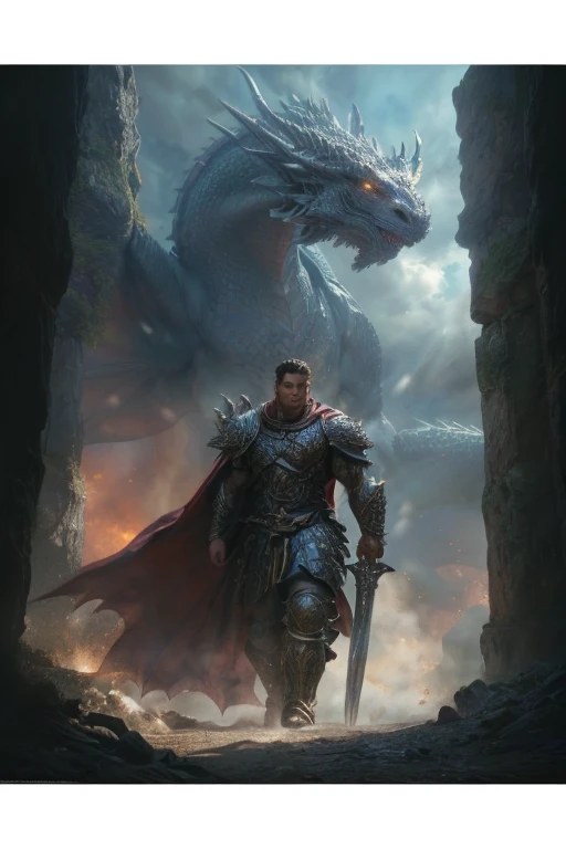 A powerful dragon warrior with chiseled muscles in a full-body shot, standing in front of an enormous and majestic dragon in the background. The scene is cinematic, with an epic realism captured in stunning 8K resolution. The details are highly intricate, ...