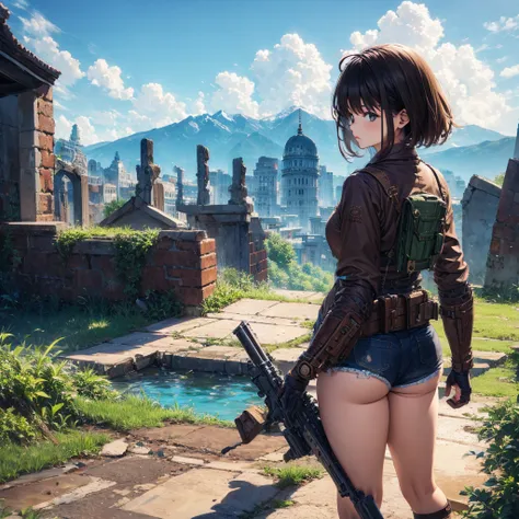 girl、detailed landscape、ruins、gun、