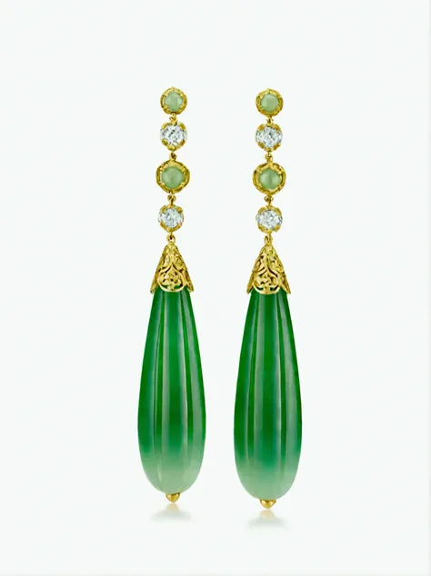 pair of green jade and diamond earrings with gold accents, qing dynasty, jade, sha xi, shan shui, 1 9 2 0's, emerald earrings, f...