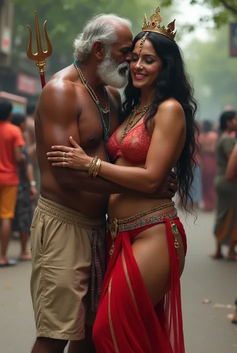 Create a realistic image of A old indian muslim man hugging and kissing from behind Beautiful Hindu indian busty goddess in public road, the goddess age is 35, the oldman age is 70, Thick thighs, 5 feet tall, Big Bubble butt, Big breasts, 36D 30 36 figure,...