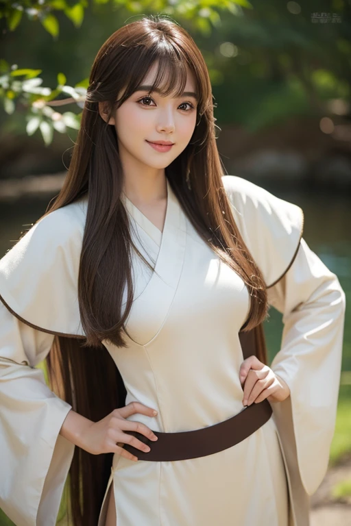 High resolution,bangs,Brown Hair, Long Hair, Brown eyes、Large Breasts, smile, Model body type、165 cm、24 years old、Beautiful Face、Natural Makeup、
Thin your eyebrows、Japanese、Fantasy RPG game female warrior costume

