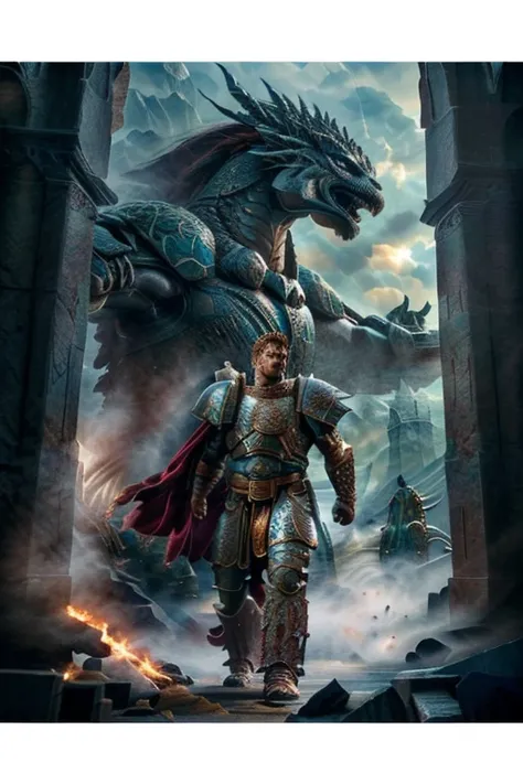 a powerful dragon warrior with chiseled muscles, full-body shot, standing in front of an enormous and majestic dragon, cinematic...