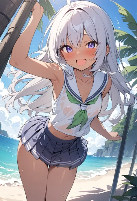 (masterpiece:1.2),Super detailed,Best Quality,(1Girl:1.2),solo,16yo,See-through (Summer school uniform:1.1),(Navy Pleated Skirt:1.1),(no bra:1.0),(No panties:1.0),(tan:1.1),(Excited:1.0),Midsummer,vagina juice,A little bit of vagina is visible under the sk...