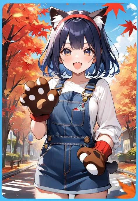 (masterpiece, best quality:1.1),(chibi,chibi-girl,japanese,cat-ear headband,((Paw shaped Gloves)),detailed paw gloves,claw pose,BREAK (16yo,darkblue hair,wavy-short hair),parallel eyebrows,eyes with large irises, fresh lips, very happy, BREAK (Street of tr...