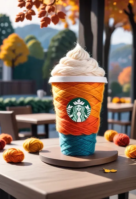 (((A Starbucks coffee cup made of wool felt is placed on the table.，The woven details look like they were made from yarn or wool felt))), Make the scene full of artistic sense. autumn, Warm, bright and uniform color, Simple and plain modern art style, Fasc...