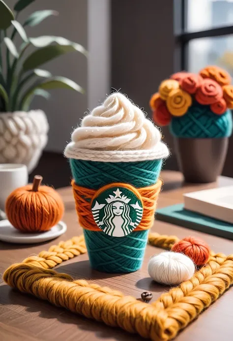 (((A Starbucks coffee cup made of wool felt is placed on the table.，The woven details look like they were made from yarn or wool felt))), Make the scene full of artistic sense. autumn, Warm, bright and uniform color, Simple and plain modern art style, Fasc...