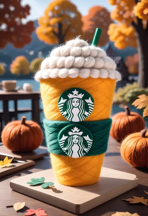 (((A Starbucks coffee cup made of wool felt is placed on the table.，))), Make the scene full of artistic sense. autumn, Warm, bright and uniform color, Simple and plain modern art style, Fascinating,