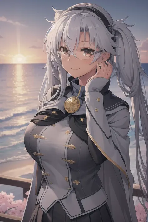 ((masterpiece)),(Best Quality),Official Art,Extremely detailed CG,Unity 8K Wallpapers,Super detailed,Lighthouse on a cliff by the sea,One girl,Alone,Upper Body,(Portrait:1.2),gray_jacket,gray-framed_Glasses,button,dark_skin,Sunburn,Glasses,Twin tails,recSu...