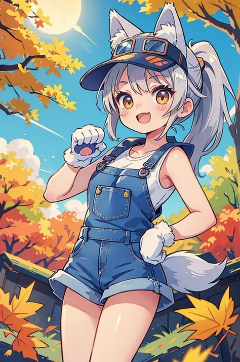 (masterpiece, best quality:1.1),(chibi,chibi-girl,japanese,cat-ear headband,((Paw Gloves)),detailed paw gloves,claw pose,BREAK (15yo,cute,silver hair,ponytail,wolf-ear,sun-visor, gloves,middle small breasts,wolf-tail,), very happy, BREAK (Street of trees i...